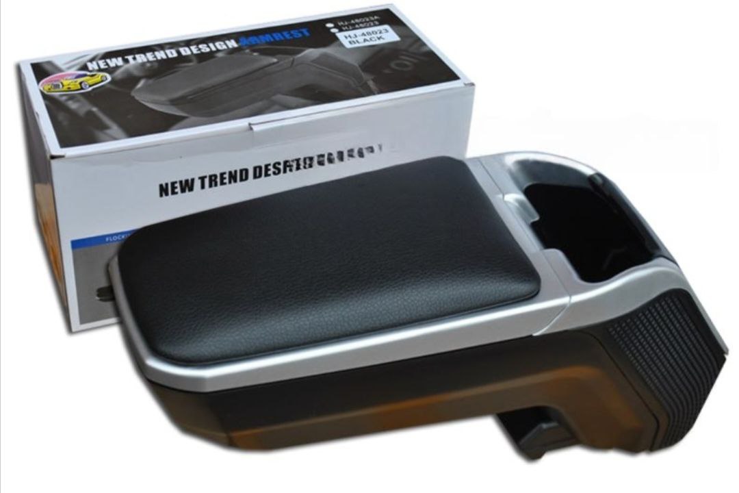 Подлокотник универсальный HJ-48023BK+SIL слайдер, кожзам. черный+серебро (регулировка, сдвиг, доп объем, ширина-12см)